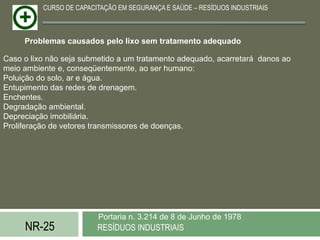 CURSO DE CAPACITAÇÃO EM SEGURANÇA E SAÚDE – RESÍDUOS INDUSTRIAIS



     Problemas causados pelo lixo sem tratamento adequado

Caso o lixo não seja submetido a um tratamento adequado, acarretará danos ao
meio ambiente e, conseqüentemente, ao ser humano:
Poluição do solo, ar e água.
Entupimento das redes de drenagem.
Enchentes.
Degradação ambiental.
Depreciação imobiliária.
Proliferação de vetores transmissores de doenças.




                         Portaria n. 3.214 de 8 de Junho de 1978
     NR-25               RESÍDUOS INDUSTRIAIS
 