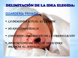 DELIMITACIÓN DE LA IDEA ELEGIDA:

GUARDERÍA PRIVADA

 LA DEMANDA ACTUAL ES GRANDE

 NO HAY COMPETENCIA

 CONSTANTE CRECIMIENTO DE LA URBANIZACIÓN

 APORTACIONES DE NUEVAS IDEAS PARA
  MEJORAR EL SERVICIO
 