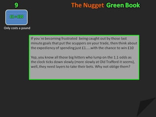 The NuggetGreen Book9Only costs a poundIf you`re becoming frustrated  being caught out by those last minute goals that put the scuppers on your trade, then think aboutthe expediency of spending just £1.....with the chance to win £10Yep, you know all those big hitters who lump on the 1.1 odds as the clock ticks down slowly (more slowly at Old Trafford it seems), well, they need layers to take their bets. Why not oblige them?                                                                             