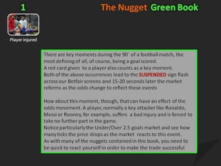 The NuggetGreen Book2We have talked earlier about how key moments in a match effect the odds movements to a greater or lesser degree depending on precisely what has occurred. A free kick just outside the penalty area or a corner even falls into the above category. As Messi or Ronaldo are lining up to take the freekick (and the defence are lining their wall) the layers on the exchanges are twitching just a little bit more nervously. As a backer you can jump in smartish before the kick has been taken.The result? A goal is scored! Fabulous, you`re in trader`s paradise.Nothing resulted from the attack, no great damage has been done.The odds that have one minute ago dropped will now drift back to where they were.You can buy back the bet you sold for pretty much the same price.Of course, you don`t want to jump in the market in this way and lose out every time as those 1 or 2 losses will mount up over a ninety minute period. The advice would be to use this tactic on short price favourites onlyOn the attack