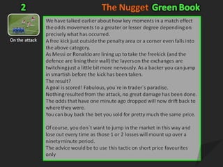 The NuggetGreen Book338`If the game is 0-0 at around the 38 minute mark the price on the that score in the HT market and the Under 2.5 goals market will be roughly the same - about 1.30. So, we LAY 0-0 in the HT market for £50 and BACK Under 2.5 around for £250. The odds on Unders from 38 mins to HT will drop 10 ticks.Dangers: If a goal goes in in say 43rd minute the odds will shoot from 1.30 to 1.75, so using a £250 stake we will be red £65 but win £50 on laying the 0-0 score. Of course we have half time break in which the odds will fall further in our favour.12396