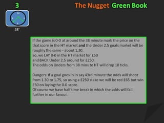 The NuggetGreen Book4Half Time whistleIf the game is still 0-0 at HT and it looks to be a pretty drab affair, then backing that score at HT with a view to laying 15 mins later can produce some small, yet easy profits.To maximise your profit as much as you can, back the 0-0 as many mins/seconds as your thumping heart will allow before the first half is over thereby securing the best odds possible.It is not uncommon to see 0-0 trading @ 4.0 with the referee poised to blow his whistle and 15 minutes later as the teams come out  for the second half, that price is now 3.55. A nine tick drop which if you had backed for £100 @ 4.0 and then layed @ 3.55 for £113 would give you a payout of roughly £1 per minute.Nice work f you can get it!