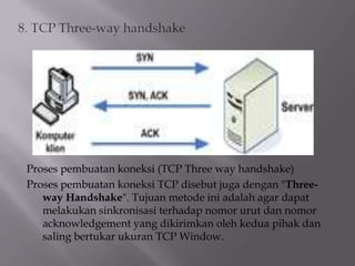 Proses pembuatan koneksi (TCP Three way handshake)
Proses pembuatan koneksi TCP disebut juga dengan "Threeway Handshake". Tujuan metode ini adalah agar dapat
melakukan sinkronisasi terhadap nomor urut dan nomor
acknowledgement yang dikirimkan oleh kedua pihak dan
saling bertukar ukuran TCP Window.

 