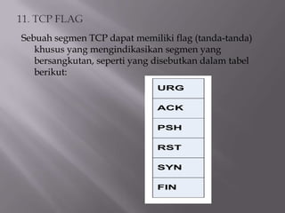 Sebuah segmen TCP dapat memiliki flag (tanda-tanda)
khusus yang mengindikasikan segmen yang
bersangkutan, seperti yang disebutkan dalam tabel
berikut:

 