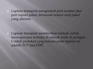 



Lapisan transport mengontrol port sumber dan
port tujuan paket, termasuk nomor urut paket
yang dikirim.

Lapisan transport memberikan metode untuk
mencapai jasa tertentu di sebuah node di jaringan.
Contoh protokol yang bekerja pada lapisan ini
adalah TCP dan UDP.

 