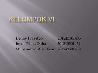 Denny Prasetyo
201243501485
Intan Prima Ditha
201243501479
Muhammad Alief Fuadi 201243501469

 