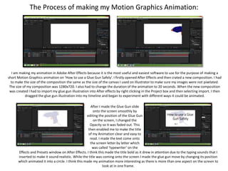 The Process of making my Motion Graphics Animation:
I am making my animation in Adobe After Effects because it is the most useful and easiest software to use for the purpose of making a
short Motion Graphics animation on ‘How to use a Glue Gun Safely’. I firstly opened After Effects and then crated a new composition. I had
to make the size of the composition the same as the size of the canvas I used on Illustrator to make sure my images were not pixelated.
The size of my composition was 1280x720. I also had to change the duration of the animation to 20 seconds. When the new composition
was created I had to import my glue gun illustration into After effects by right clicking in the Project box and then selecting import. I then
dragged the glue gun illustration into my timeline and began to experiment with different ways it could be animated.
After I made the Glue Gun slide
onto the screen smoothly by
editing the position of the Glue Gun
on the screen, I changed the
Opacity so it was faded out. This
then enabled me to make the title
of my Animation clear and easy to
read. I made the text come onto
the screen letter by letter which
was called ‘typewriter’ on the
Effects and Presets window on After Effects. I think this made the title bold as it drew in attention due to the typing sounds that I
inserted to make it sound realistic. While the title was coming onto the screen I made the glue gun move by changing its position
which animated it into a circle. I think this made my animation more interesting as there is more than one aspect on the screen to
look at in one frame.
 