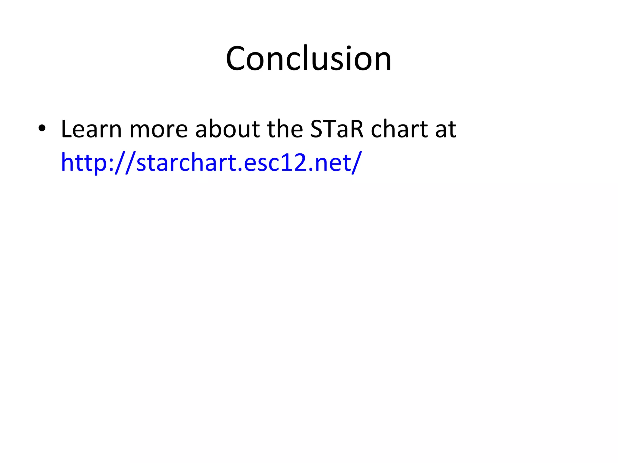 Conclusion Learn more about the STaR chart at  http://starchart.esc12.net/ 