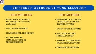 D I F F E R E N T M E T H O D S O F T O N S I L L E C T O M Y
COLD METHODS HOT METHODS
• DISSECTION AND SNARE
METHOD(Most commonly
performed)
• GUILLOTINE METHOD
• CRYOSURGICAL TECHNIQUE
• INTRACAPSULAR
TONSILLECTOMY BY
MICRODEBRIDER
• HARMONIC SCALPEL OR
ULTRASONIC SCALPEL
TONSILLECTOMY
• LASER TONSILLECTOMY
• ELECTROCAUTERY
TONSILLECTOMY
• TONSILLECTOMY WITH
RADIOFREQUENCY (RF)
• COBLATION METHOD
 
