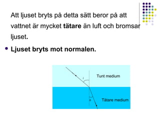 Att ljuset bryts på detta sätt beror på att
 vattnet är mycket tätare än luft och bromsar
 ljuset.
 Ljuset   bryts mot normalen.



                           i
                                   Tunt medium




                               b     Tätare medium
 