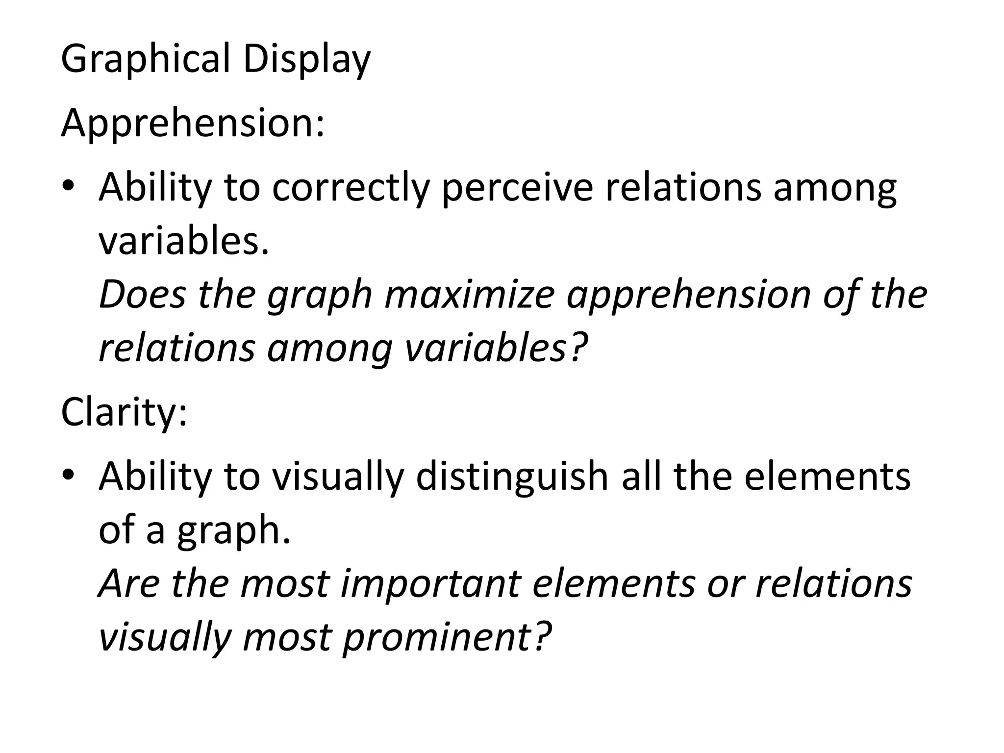 Graphical Display
Apprehension:
• Ability to correctly perceive relations among
variables.
Does the graph maximize apprehension of the
relations among variables?
Clarity:
• Ability to visually distinguish all the elements
of a graph.
Are the most important elements or relations
visually most prominent?
 