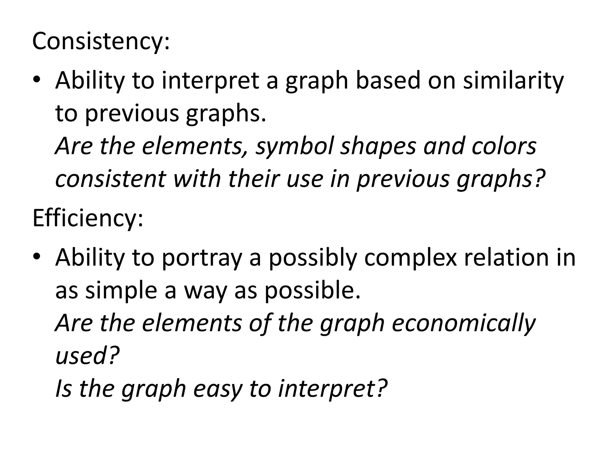 Consistency:
• Ability to interpret a graph based on similarity
to previous graphs.
Are the elements, symbol shapes and colors
consistent with their use in previous graphs?
Efficiency:
• Ability to portray a possibly complex relation in
as simple a way as possible.
Are the elements of the graph economically
used?
Is the graph easy to interpret?
 
