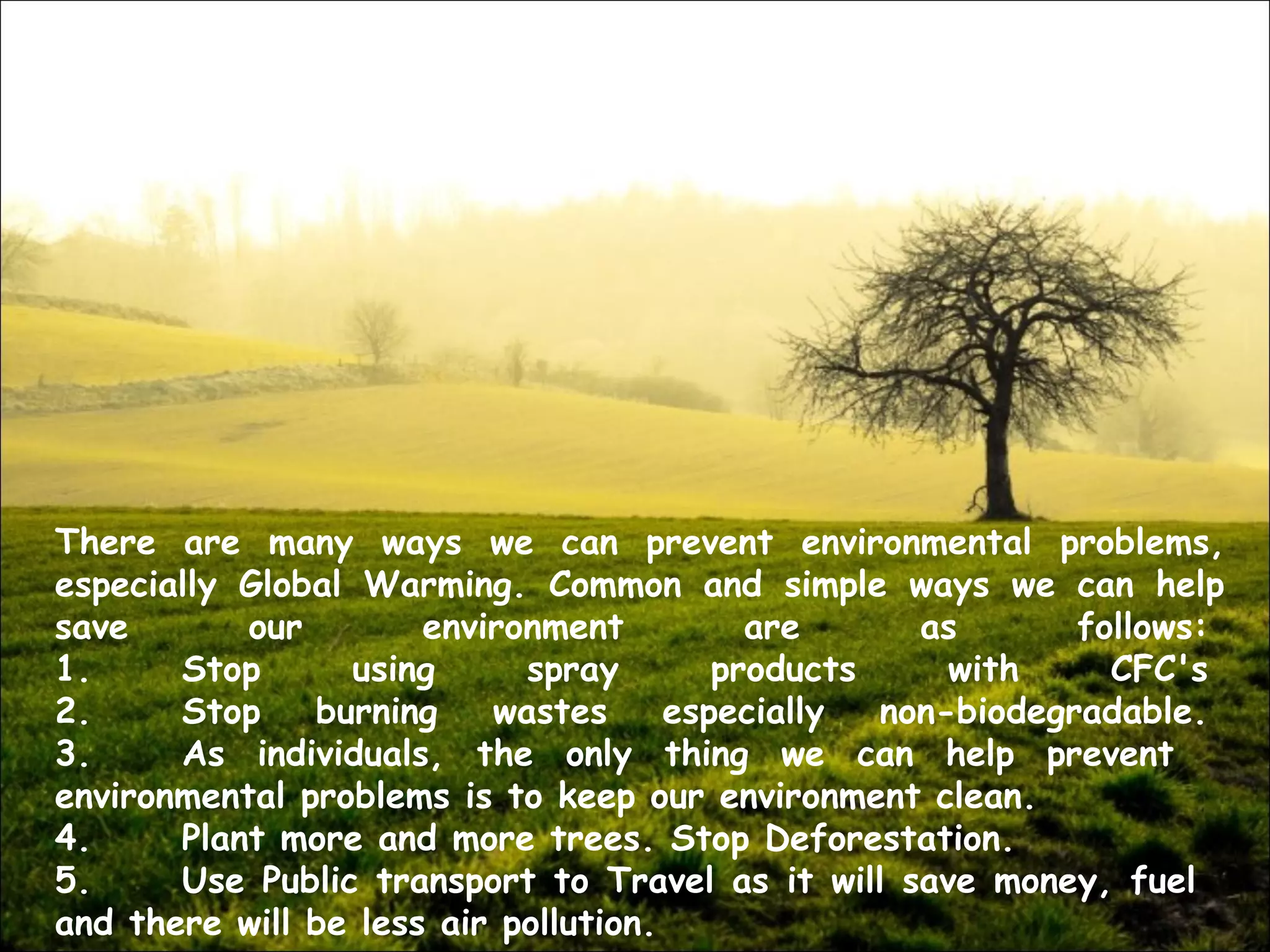 There are many ways we can prevent environmental problems,
especially Global Warming. Common and simple ways we can help
save our environment are as follows: 
1. Stop using spray products with CFC's 
2. Stop burning wastes especially non-biodegradable. 
3. As individuals, the only thing we can help prevent
environmental problems is to keep our environment clean.
4. Plant more and more trees. Stop Deforestation.
5. Use Public transport to Travel as it will save money, fuel
and there will be less air pollution.
 