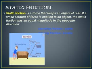 Static friction is a force that keeps an object at rest. If a
small amount of force is applied to an object, the static
friction has an equal magnitude in the opposite
direction.
standing friction:- static
moving friction:- kinetic
 