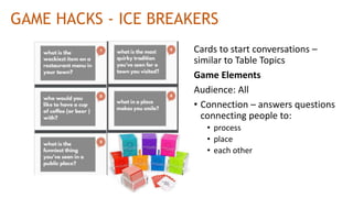 GAME HACKS - ICE BREAKERS
Cards to start conversations –
similar to Table Topics
Game Elements
Audience: All
• Connection – answers questions
connecting people to:
• process
• place
• each other
 
