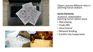 Players assume different roles in
planning transit stations
Game Elements
Audience: Stakeholders
planning transit station areas
• Role playing
• Trade-Offs
• Area Control
• Network Building
• Conflict into Cooperation
 