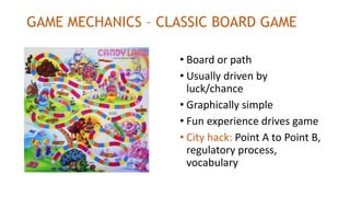 GAME MECHANICS – CLASSIC BOARD GAME
• Board or path
• Usually driven by
luck/chance
• Graphically simple
• Fun experience drives game
• City hack: Point A to Point B,
regulatory process,
vocabulary
 