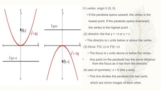 (1) vertex: origin V (0, 0)
• If the parabola opens upward, the vertex is the
lowest point. If the parabola opens downward,
the vertex is the highest point.
(2) directrix: the line y = −c or y = c
• The directrix is c units below or above the vertex.
(3) focus: F(0, c) or F(0,−c)
• The focus is c units above or below the vertex.
• Any point on the parabola has the same distance
from the focus as it has from the directrix.
(4) axis of symmetry: x = 0 (the y-axis)
• This line divides the parabola into two parts
which are mirror images of each other.
 
