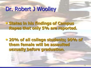 The unreported crime: 60% not reportedIf reported there is a 50.8% chance of an arrestIf arrested there is an 80% chance of prosecution.58% chance of conviction.69% that any jail time will be served16.3% chance that the rapist will serve jail time.15 of 16 rapist walk free. 12