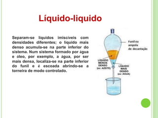 Líquido-liquido
Separam-se líquidos imiscíveis com
densidades diferentes; o líquido mais
denso acumula-se na parte inferior do
sistema. Num sistema formado por água
e óleo, por exemplo, a água, por ser
mais densa, localiza-se na parte inferior
do funil e é escoada abrindo-se a
torneira de modo controlado.
 