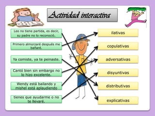 Actividad interactiva
Leo no tiene partida, es decir,
                                                ilativas
  su padre no lo reconoció.

Primero almorzaré después me
           bañaré.                          copulativas


Ya comiste, ya te peinaste.                adversativas

Cantó bien sin embargo no
    lo hizo excelente.
                                            disyuntivas

 Wendy está bailando y
 mishel está aplaudiendo
                                           distributivas

tienes que ayudarme o no
        te llevaré.                        explicativas
 