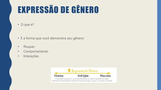 EXPRESSÃO DE GÊNERO
• O que é?
• É a forma que você demonstra seu gênero:
• Roupas
• Comportamento
• Interações
 