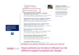 Etablissements
Référencement
naturel
Multipliez les portes d’entrée vers votre site internet
Soyez présents sur le web en diffusant sur les
différents supports proposés par Google
 