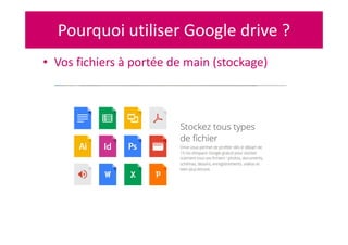 Pourquoi utiliser Google drive ?
• Vos fichiers à portée de main (stockage)
 