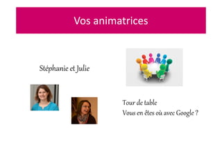 Vos animatrices
Stéphanie et Julie
Tour de table
Vous en êtes où avec Google ?
 