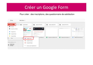 Créer un Google Form
Pour créer : des inscriptions, des questionnaire de satisfaction
 