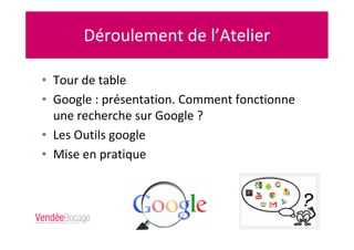 Déroulement de l’Atelier
• Tour de table
• Google : présentation. Comment fonctionne
une recherche sur Google ?
• Les Outils google
• Mise en pratique
 