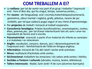 La rotllana: per tal de sentir-nos part d’un grup i treballar l´expressió
oral . Fem el Bon dia, qui ha vingut, temps, conversa,contes,...
 Per racons : de llengua(exp. oral i escrita),matemàtiques(numeració,
geometria, càlcul mental i reglets), grafo, plàstica, racons de joc
simbòlic, per tal que cadascú pugui seguir el seu ritme d'aprenentatge.
 Per projectes de treball i iniciació al treball cooperatiu.
 Consciència fonològica: Pràxies bucofonatòries, onomatopeies, contes,
dites, poemes,etc...per tal d’anar interioritzant tots els sons i anar-los
reproduint de forma oral o escrita.
 Psicomotricitat vivencial: a partir d’un material els infants es coneixen
a sí mateixos i es relacionen.
 Anglès: vocabulari, cançons, danses, jocs i desenvolupament de
l’expressió oral i familiarització de l’oïda en llengua anglesa.
 Informàtica: iniciació de l’ús del ratolí i teclat amb activitats.
 Ninus: realització d’activitats amb contes.
 Ed.Emocional: treballem les emocions i els valors amb contes i titelles.
 Sortides a l’entorn i culturals (obrador, música, teatre, biblioteca)
 Tallers interescola : Nadal, Sant Jordi i fi de curs (alumnes barrejats)
 