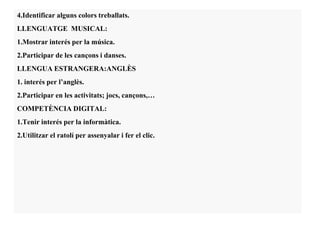 4.Identificar alguns colors treballats.
LLENGUATGE MUSICAL:
1.Mostrar interés per la música.
2.Participar de les cançons i danses.
LLENGUA ESTRANGERA:ANGLÈS
1. interés per l’anglès.
2.Participar en les activitats; jocs, cançons,…
COMPETÈNCIA DIGITAL:
1.Tenir interés per la informàtica.
2.Utilitzar el ratolí per assenyalar i fer el clic.
 