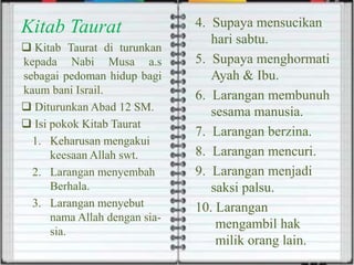 Kitab Taurat
 Kitab Taurat di turunkan
kepada Nabi Musa a.s
sebagai pedoman hidup bagi
kaum bani Israil.
 Diturunkan Abad 12 SM.
 Isi pokok Kitab Taurat
1. Keharusan mengakui
keesaan Allah swt.
2. Larangan menyembah
Berhala.
3. Larangan menyebut
nama Allah dengan sia-
sia.
4. Supaya mensucikan
hari sabtu.
5. Supaya menghormati
Ayah & Ibu.
6. Larangan membunuh
sesama manusia.
7. Larangan berzina.
8. Larangan mencuri.
9. Larangan menjadi
saksi palsu.
10. Larangan
mengambil hak
milik orang lain.
 