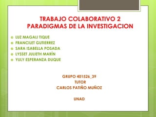 TRABAJO COLABORATIVO 2
PARADIGMAS DE LA INVESTIGACION






LUZ MAGALI TIQUE
FRANCILET GUTIERREZ
SARA ISABELLA POSADA
LYSSET JULIETH MARÍN
YULY ESPERANZA DUQUE

GRUPO 401526_39
TUTOR
CARLOS PATIÑO MUÑOZ
UNAD

 