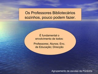 Os Professores Bibliotecários sozinhos, pouco podem fazer. É fundamental o envolvimento de todos: Professores; Alunos; Enc. de Educação; Direcção Agrupamento de escolas da Pontinha 