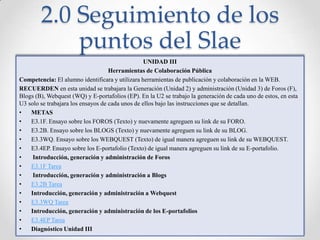 2.0 Seguimiento de los puntos del SlaeUNIDAD IIIHerramientas de Colaboración PúblicaCompetencia: El alumno identificara y utilizara herramientas de publicación y colaboración en la WEB.RECUERDEN en esta unidad se trabajara la Generación (Unidad 2) y administración (Unidad 3) de Foros (F), Blogs (B), Webquest (WQ) y E-portafolios (EP). En la U2 se trabajo la generación de cada uno de estos, en esta U3 solo se trabajara los ensayos de cada unos de ellos bajo las instrucciones que se detallan. METAS E3.1F. Ensayo sobre los FOROS (Texto) y nuevamente agreguen su link de su FORO. E3.2B. Ensayo sobre los BLOGS (Texto) y nuevamente agreguen su link de su BLOG. E3.3WQ. Ensayo sobre los WEBQUEST (Texto) de igual manera agreguen su link de su WEBQUEST.E3.4EP. Ensayo sobre los E-portafolio (Texto) de igual manera agreguen su link de su E-portafolio. Introducción, generación y administración de ForosE3.1F Tarea Introducción, generación y administración a BlogsE3.2B TareaIntroducción, generación y administración a WebquestE3.3WQ TareaIntroducción, generación y administración de los E-portafoliosE3.4EP TareaDiagnóstico Unidad III