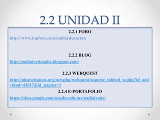 2.2 UNIDAD II2.2.1 FOROhttp://www.topforo.com/nadiaeducacion2.2.2 BLOGhttp://nadiaivetteuabc.blogspot.com/2.2.3 WEBQUESThttp://phpwebquest.org/newphp/webquest/soporte_tabbed_w.php?id_actividad=43617&id_pagina=12.2.4 E-PORTAFOLIOhttps://sites.google.com/a/uabc.edu.mx/nadiaivette/