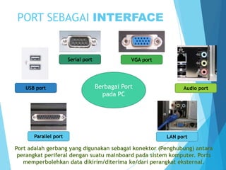 PORT SEBAGAI INTERFACE

Serial port

USB port

Parallel port

VGA port

Berbagai Port
pada PC

Audio port

LAN port

Port adalah gerbang yang digunakan sebagai konektor (Penghubung) antara
perangkat periferal dengan suatu mainboard pada sistem komputer. Ports
memperbolehkan data dikirim/diterima ke/dari perangkat eksternal.

 