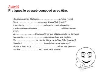 Activité
Pratiquez le passeé composé avec être:
-Jeudi dernier les étudiants …
…
…
…
…
…
…
…
…
…
…
…
…
.àl’ecole (venir) .
-Vous …
…
…
…
…
…
…
…
.
…
…
…
…
.
en voyage à New York (partir)?
-Les clients …
…
…
…
…
…
…
…
…
…
…
…
.par la porte principale (entrer).
-Le dimanche matin nous ……………………………..............à11 heures (se
lever).
-Je…
…
…
…
…
…
…
…
…
.
.
…
…
…
.
àl’aéroport trop tard et j’ai perdu le vol (arriver).
-Mes amis …
…
…
…
…
…
…
…
…
…
…
…
…
…àla maison hier soir (rester).
-Tu…
…
…
.
.
…
…
…
…
…
…
…
…
…
.
.
au dernier étage de la Tour Eiffel (monter)?
-Valérie s
’
…
…
…
…
…
…
…
…
…
…
…
…
…
…
.
.àquelle heure (se coucher)?
-Après la fête, nous …
…
…
…
…
…
…
…
…
…
…
…
…
…
…
…
…à2 heures (rentrer).
-Ma fille …
…
…
…
…
…
…
…
…
…
…
…le 23 avril 2008 (naître).
 