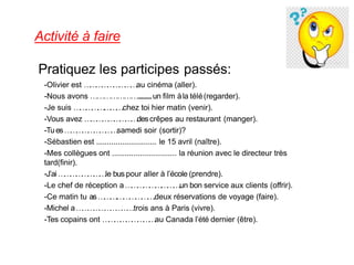 Activité à faire
Pratiquez les participes passés:
-Olivier est …
…
…
…
…
…
…
…
…
.
.
au cinéma (aller).
-Nous avons …………………............un film àla télé(regarder).
-Je suis …
…
…
…
…
.
.
…
…
…
.chez toi hier matin (venir).
-Vous avez …
…
…
…
…
…
…
…
…
.
.
descrêpes au restaurant (manger).
-Tues…
…
…
…
…
…
…
…
…
.
.
samedi soir (sortir)?
-Sébastien est ............................ le 15 avril (naître).
-Mes collègues ont .............................. la réunion avec le directeur très
tard(finir).
-J’ai…
…
…
…
…
…
…
…
.
.
le bus pour aller à l’école (prendre).
-Le chef de réception a…
…
…
…
…
…
.
…
…
…
.
.
un bon service aux clients (offrir).
-Ce matin tu as…
…
…
.
.
…
…
…
…
…
…
.
.deux réservations de voyage (faire).
-Michel a…
…
…
…
…
…
…
…
…
…
.trois ans à Paris (vivre).
-Tes copains ont …
…
…
…
…
…
…
…
…
.
.
au Canada l’été dernier (être).
 