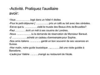 -Activité. Pratiquez l’auxiliaire
avoir:
-Vous …
…
…
…
…
…
…
…logé dans un hôtel 4 étoiles
-Pour le petit-déjeuner j’ …
…
…
…
…
…
…
.
pris un café au lait avec des céréales.
-Est-ce que tu …
…
…
…
…
…
…
.
visité le musée des Beaux-Arts de Bruxelles?
-Paul …
…
…
…
…
…écrit un mél à ses cousins de Londres.
-Nous …
…
…
…
…
…
…
…
.lu la demande de réservation de Monsieur Baraud.
-J’…
…
…
…
…
…
…
…
.acheté un cadeau d’anniversaire pour Sophie.
-Nos amis italiens …
…
…
…
…
…
.
.
gardé un bon souvenir de ses vacances en
Suisse.
-Hier matin, notre guide tousistique …..…………..fait une visite guidée à
Barcelone.
-L’autre jour Valérie …
…
…
…
.
.mangé au restaurant de l’école.
 