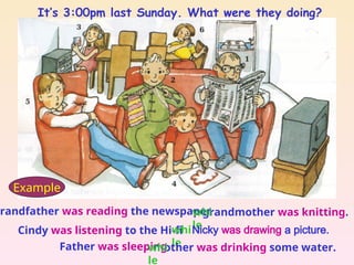 Grandfather was reading the newspaper
Cindy was listening to the Hi-fi
Father was sleeping
grandmother was knitting.
whi
le
Nicky was drawing a picture.
whi
le
mother was drinking some water.
whi
le
Example
It’s 3:00pm last Sunday. What were they doing?
 