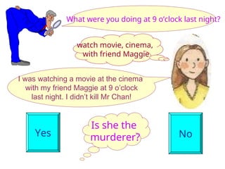 Is she the
murderer?
Yes No
What were you doing at 9 o’clock last night?
I was watching a movie at the cinema
with my friend Maggie at 9 o’clock
last night. I didn’t kill Mr Chan!
watch movie, cinema,
with friend Maggie
 