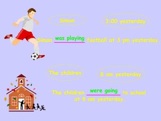 Simon _________ football at 3 pm yesterday.
The children __________ to school
at 8 am yesterday.
Simon 3:00 yesterday
The children 8 am yesterday
was playing
were going
 