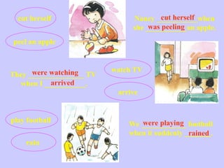 watch TV
peel an apple
Nancy ___________when
she ___________an apple.
cut herself
arrive
They _______________ TV
when I ___________.
were watching
cut herself
was peeling
arrived
We ____________ football
when it suddenly _______.
play football
rain
were playing
rained
 