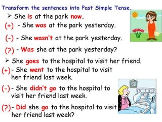  She is at the park now.
(+)
(-) - She wasn’t at the park yesterday.
(?) - Was she at the park yesterday?
 She goes to the hospital to visit her friend.
- She went to the hospital to visit
her friend last week.
- She didn’t go to the hospital to
visit her friend last week.
- Did she go to the hospital to visit
her friend last week?
(+)
(-)
(?)
- She was at the park yesterday.
Transform the sentences into Past Simple Tense.
 