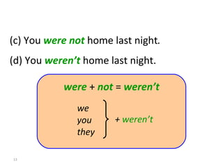 (c) You  were not  home last night .  (d) You  weren’t  home last night. 8-2  PAST OF  BE : NEGATIVE were  +  not  =  weren’t +  weren’t we you they 