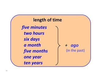 five minutes two hours six days  a month five months  one year  ten years +   ago (in the past) 8-5  PAST TIME WORDS:  YESTERDAY ,  LAST,  AND  AGO length of time 