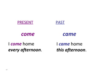 PRESENT   PAST come   came I  come  home  every afternoon . I  came  home  this afternoon . 8-6  THE SIMPLE PAST: IRREGULAR VERBS (GROUP 1)  